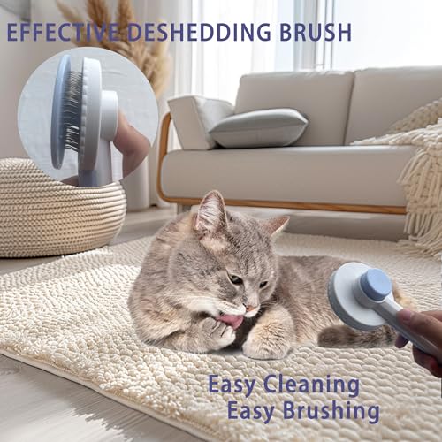 Cat Grooming Brush Kit 6 Tools - Deshedding & Dematting for Long/Short Hair, Self-Cleaning Slicker Brush with 6-in-1 Flea Comb for Cats & Kittens (Blue) - color: Blue