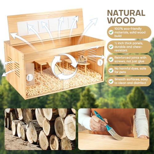 Hamster Cage 32 Inch Large Chewproof Wooden Habitat, Openable Top, Double Openable Acrylic Sheet Doors, Easy Assembly, Hamster Enclosure for Gerbil & Syrian Hamster, Dwarf Hamster (with Accessories)