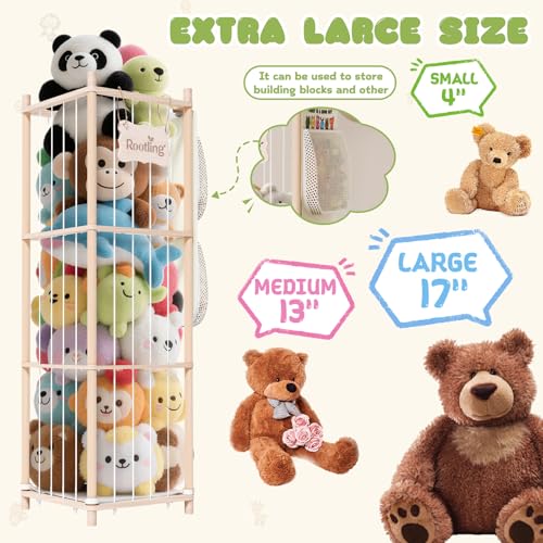 Stuffed Animal Storage & Organizer, 54 inch Tall Wooden Cute Zoo Toy Holder w/Building Block Storage Bag, Premium Wooden Material with Elastic Cord For Toddler Rooms, Playrooms & Bedrooms - color: Natural, size: Large