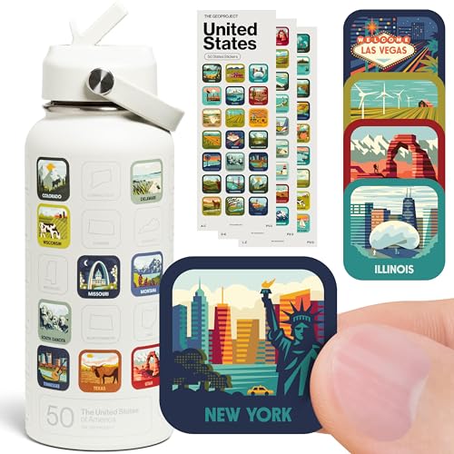 THE GEOPROJECT 50 States Bucket List Water Bottle with Stickers - 32oz Leakproof Insulated Stainless Steel with Straw & 50 States Water Bottle Stickers (Tan) - color: Sandstone/Tan