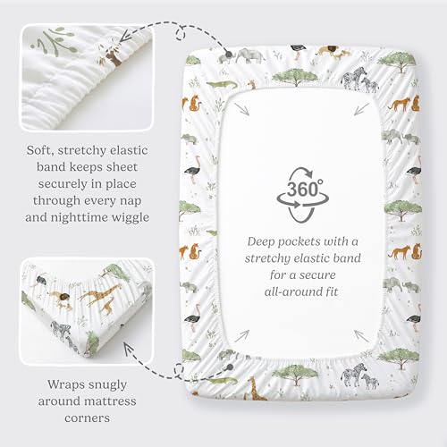 Pack and Play Sheets Fitted, Mini Crib Sheets for Graco Pack N Play Playard (38x26), Ultra Soft Organic Cotton Blend, Safe & Snug Playpen Mattress Sheet for Baby Boys & Girls, Safari Adventure, 2-Pack - color: Safari Animals