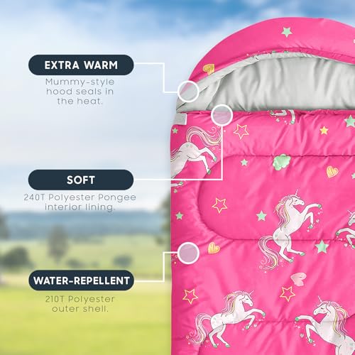 Wake In Cloud - Kids Sleeping Bag for Girls Toddlers, Camping in Warm Cold Weather, Backpacking Lightweight Compact Outdoor Liner for 3 Seasons, Unicorns Stars Hearts - color: Hot Pink