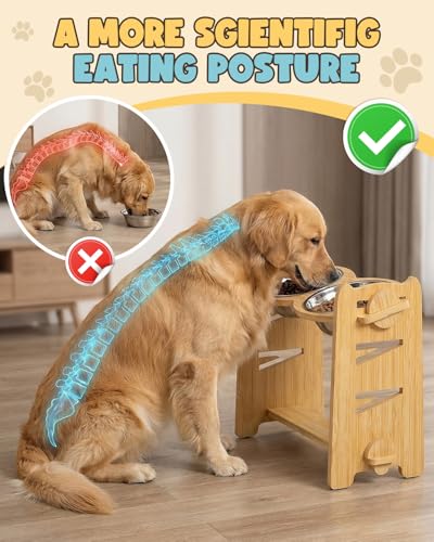 Jovrun Elevated Dog Bowls, Adjustable Raised Dog Bowl Stand for Medium Size Dogs, 15°Tilted Elevated Dog Bowls, Durable Bamboo Dogs Feeder with 2 Stainless Steel Bowls and Non-Slip Feet - color: Bamboo, size: 6.3″-12.8″For Small and Medium Dogs