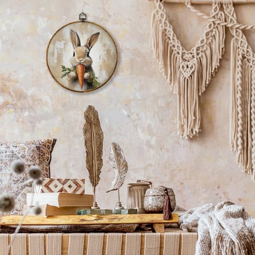shiviody Vintage Easter Bunny Carrot Canvas Wall Art Decor, Rustic Farmhouse Spring Cottagecore Easter Bunny Rabbit Round Hanging Frame Prints Decorations for Kitchen Home Bedroom Living Room 10"x10" - color: Animals-51
