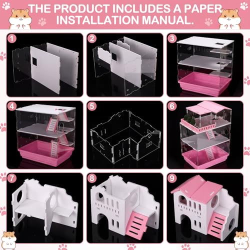 Eccliy 15 in 1 Clear 3-Layer Acrylic Hamster Cage with All Accessories, 20 x 13.7 x 10 Inch Dwarf Hamster House, Magnetic Connection Small Pet Enclosure, Garden Style Mouse Cage for Pet Mice - color: Pink