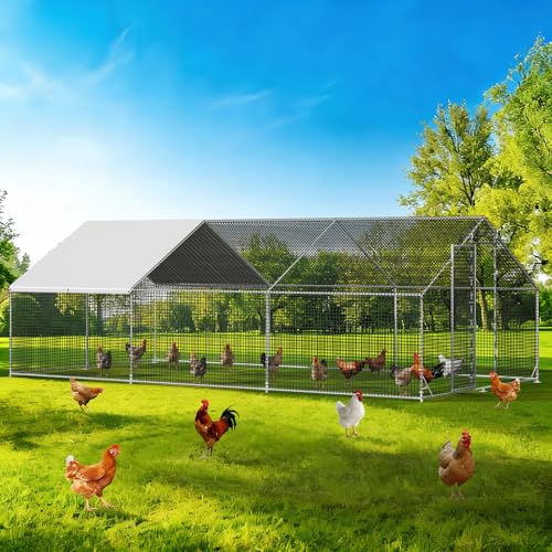 Large Walk-in Chicken Coop with Chicken Run, Galvanized Poultry Enclosure with Waterproof Anti-UV Cover and Security Lock, Ideal for Rabbit, Duck, Backyard and Farm Yard, 19.7'x 9.8'x 6.6' - size: 236.4"L x 117.6"W x 78.7"H