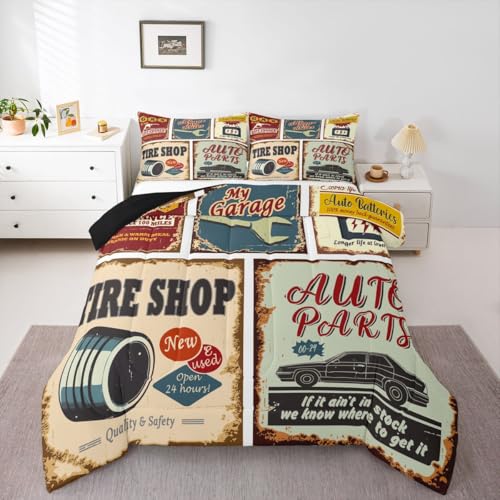 Vintage Car Signs Comforter Set For Boys, Automobile Pattern Down Comforter, Repair Vehicle Garage Bedding Set Full Size For Kids Girls Teens, Classics Servicing Duvet Insert Bedroom Decor - color: Multi 67, size: Full