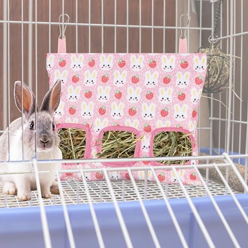 Lesnala 2 Pcs Canvas Hanging Bunny Hay Feeder Bags 3 Holes 2 Styles | Rabbit hay feeder Bag, Guinea Pig Hay Bag, Large Capacity Cotton Canvas Fabric, for Chinchillas Hamsters & Other Small Pets - color: Rabbit pattern