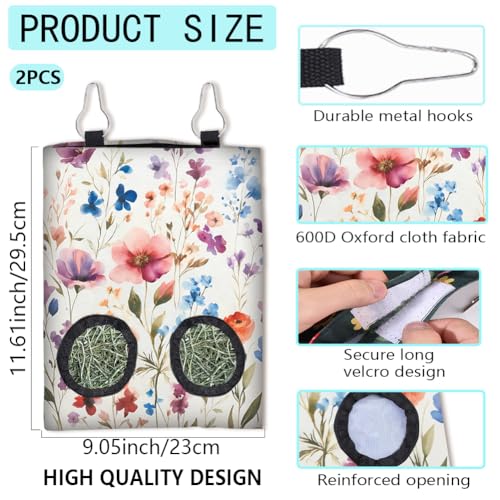 2Pcs 2 Styles Guinea Pig Hay Feeder Rabbits 11.6 x 9.1 Inch, Hanging Hay Feeder Bag Cloth Washable Flowers Feeding Storage Holder with 2 Holes for Bunny Chinchillas Hamsters Small Animals - color: Flower-1