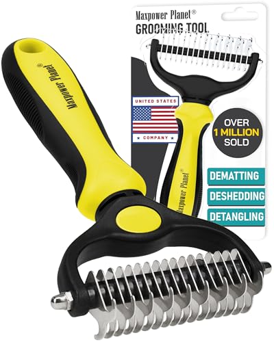Maxpower Planet Pet Grooming Brush - Double Sided Shedding, Dematting Undercoat Rake for Dogs and Cats - Extra Wide Dog Grooming Brush - Yellow | Yellow Deshedding & Dematting, Extra-Wide Double-Sided Comb, Long-Haired Coats, Reduces Shedding, Original De