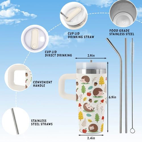 Hedgehog 14oz Tumbler, with Handle Straw, Stainless Steel Sport Cup | 14 oz Insulated Water Bottle, Travel Vacuum Coffee Mug, Thanksgiving Christmas Birthday Gift for Daughter, Animal Lover Gifts - color: Hedgehog-White