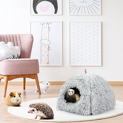 YUEPET Rabbit Bed, Rabbit Hideout, Guinea Pig Bed, Ferret Bed, Grey | Semi-Closed Cave, Long Plush Fabric, Removable Washable Pad, Non-Slip Base, for chinchilla Dwarf Rabbit - color: Grey