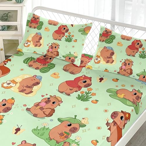 AILONEN Kawaii Capybara Fitted Sheet Set Full Size, Boys Girls Cartoon Cute Capybara Bedding Set for Kids Teens,Grass Green Bed Sheet Set,1 Fitted Sheet + 2 Pillowcases,3 Piece - color: Capybara2, size: Full
