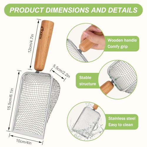 XBX Cat Litter Scoop with Holder – Metal Mesh Litter Scooper, Wooden Handle Fine Litter Scoop with Small Holes for Litter Box, Efficient Sifting and Easy Cleaning
