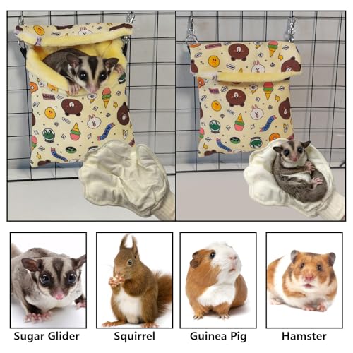 Sugar Gliders Sleeping Pouch Bag Hamster Cotton Hanging Flannel Warm Bed Hideout with Hooks Glove Small Pet Nest Bed for Squirrel Rat Hedgehog,Yellow - color: Yellow