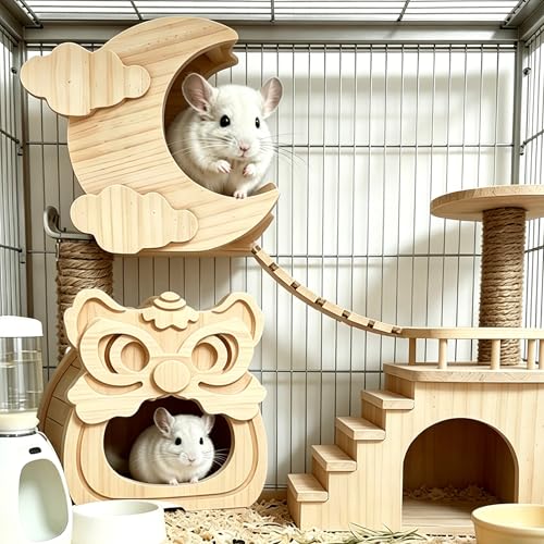 Chinchilla Hideout House Solid Wooden Chinchilla Cage Accessories | Chinchilla House No Paint Wooden Guinea Pig Hideout Small Animal Hide Hut for Chinchilla, Squirrel,Sugar Gliders (Lion ) - style: Lion Shape