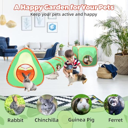 YUEPET Rabbit Tunnel and Cube Collapsible Tent Bunny Interactive Crinkle Tunnel Toys Small Animal Hideout with Play Ball for Dwarf Rabbit Bunny Guinea Pig (Avocado) - color: Avocado