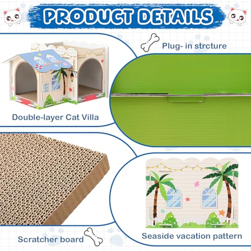 Lineshading 2 Story Cardboard Cat House with Scratcher Pad, Multi Level Durable Cat Scratcher House for Small Kitten Bunny Rabbit Animals Christmas Birthday Gift(17x12x10,Beach) - style: Beach