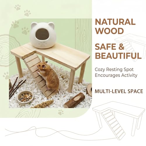 Natural Wood Hamster Platform, Hinge-Connected Ramp & Screw-Fixed Poles for Extra Stability, Chew-Safe Small Animal Loft for Cage Accessories, Gerbil, Mouse - size: medium-sized