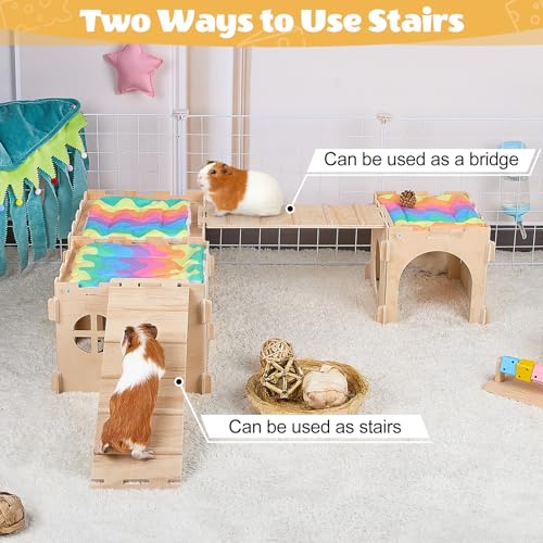 Unicorn Catcher 3 Pack Wooden Guinea Pig Hideout House with Stairs & Mats | Wooden Bunny Castle Hideout With Stairs And Soft Mats Perfect For Ferrets Chinchillas And Small Animals In Cages - size: 3 Houses