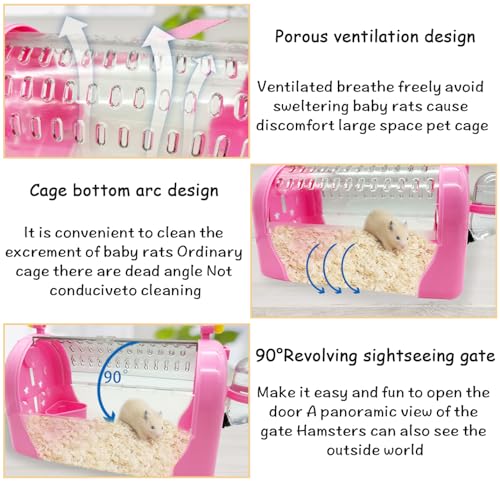 kathson Hamster Cage Travel Carrier Portable Cage with Water Bottle Outgoing Cage and Adjustable Strap Pet Cage for Small Pet Hedgehog Sugar Glider Squirrel Mice（Pink） - size: Pink