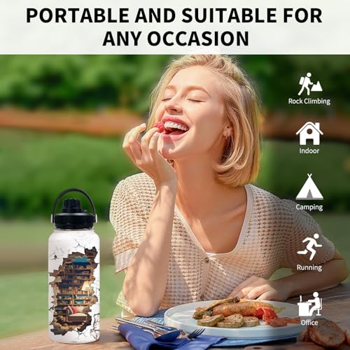 Bookish 32oz Water Bottle, Leak-proof Bottle, Stainless Steel Cup | 32oz Insulated Tumbler, with Handle & Lid Reusable Coffee Mug, Christmas Birthday Gift for Book Lovers Readers - color: Bookshelf2