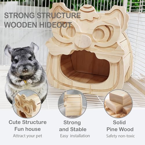 Chinchilla Hideout House Solid Wooden Chinchilla Cage Accessories | Chinchilla House No Paint Wooden Guinea Pig Hideout Small Animal Hide Hut for Chinchilla, Squirrel,Sugar Gliders (Lion ) - style: Lion Shape