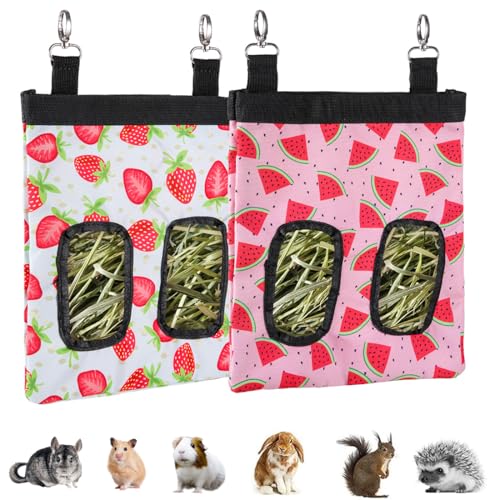 DZWLKJ Guinea Pig Hay Feeder, 2 Pack, 11 x 9 x 1 Inches, Rabbit Hay Feeder Bag, Stainless Steel, 600D Oxford, Watermelon and Strawberry - size: M -11"x 9"x 1"