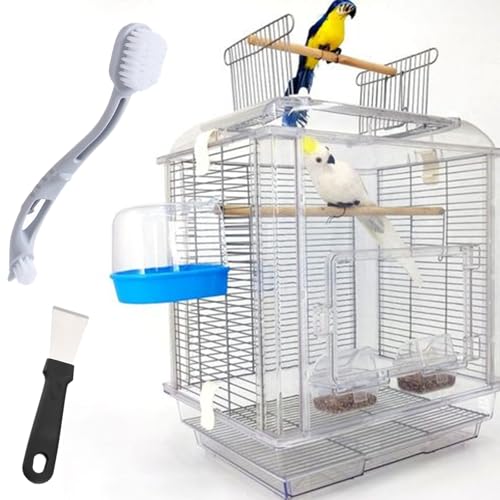 4 Pcs Bird Cage Cleaner with Two Brush Heads Long Handle Tool, Stainless Steel Bird Droppings Cleaning Scraper for Cleaning Bird Parrot Cages Kennels Perches