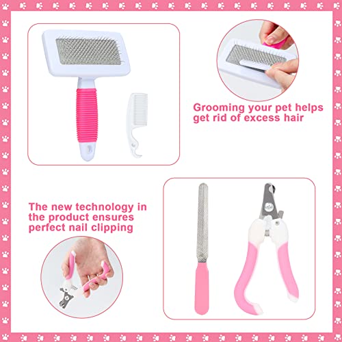 VCZONE Pink Small Animal Grooming Kit with Nail Clipper, Flea Comb, Shampoo Brush, Slicker Brush, Massage Glove for Rabbits - color: Pink