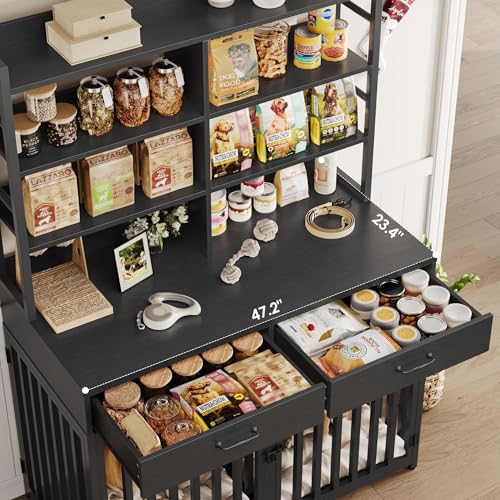 Keyluv 71''H x 47.2''W Large Dog Crate Furniture with 4-Tier Shelves and 2 Storage Drawers, Heavy Duty Dog Cage Furniture with 2 Doors, Wood & Metal Dog Kennel Indoor for Small/Medium/Large Dog, Black - color: Black