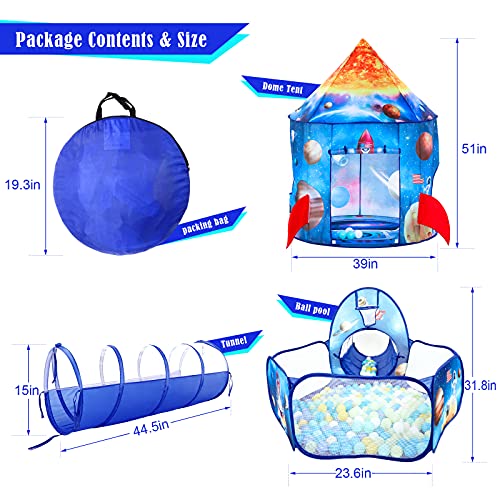PigPigPen 3pc Kids Play Tent for Boys with Ball Pit, Crawl Tunnel, Rocket Ship Tents for Toddlers, Baby Space World Playhouse Toys, Boys Indoor& Outdoor Play House, Perfect Kid’s Gifts - style: 3PC Rocket Play Tent