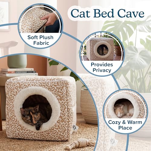 Cat House - Indoor Bed with Removable Foam Cushion - Cat Cave for Puppies, Rabbits, Guinea Pigs, and Other Small Animals by PETMAKER (Animal Print) - color: Tan Animal Print