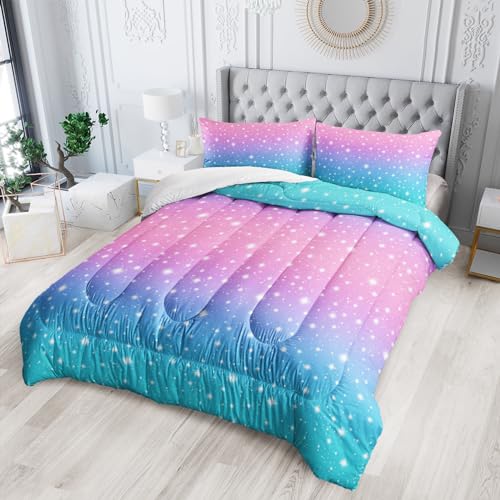 Nttopship Colorful Rainbow Comforter Set - Full Size for Girls, Pink Blue Gradient Comforter and 2 Pillowcases - color: Colorful Rainbow, size: Full