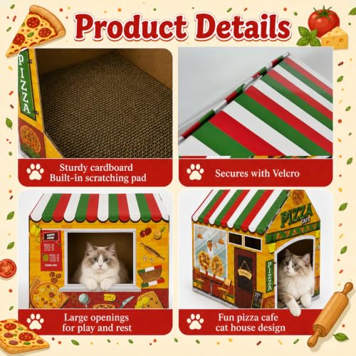 Cinrobiye Cardboard Cat House with Scratcher, Indoor Cat Condo Cat Cave Hideout with Scratch Pad, Cardboard Cat Playhouse Bed for Cats, Kittens, Rabbits & Small Pets (Pizza) - color: Pizza