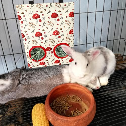 JarThenaAMCS 2 Pcs Rabbit Hay Feeder Bag with 2 Holes Mushroom Guinea Pig Hanging Hay Feeding Bag Red Storage Dispenser for Chinchilla Hamster Bunny Small Animal Pet, 11.5 x 9 Inch