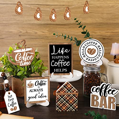 FairySandy 11 Pcs Coffee Tiered Tray Decor Coffee Time Rustic Farmhouse Tiered Tray Decorations Set Home Wooden Signs Vintage Farm Animal Farmhouse Tabletop Wood Signs for Kitchen Table Shelf Decor - style: Delicious Coffee