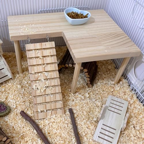 Wooden Hamster Platform with Legs, Large Syrian Hamsters Climbing Platforms with Ramp Kit Wood Ladder Bridge Rat Playing Toy Standing Table Gerbil Cage Accessories - size: Large
