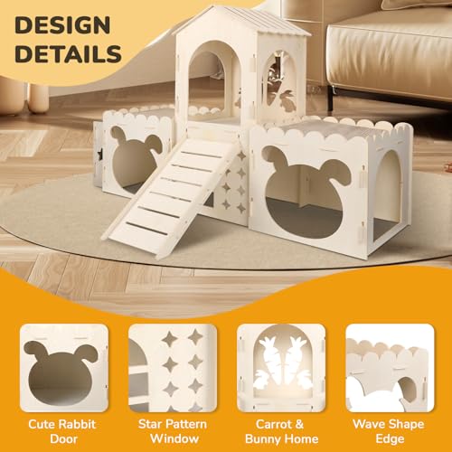 Extra Large Rabbit Castle, Wooden Bunny House & Hay Feeder, Detachable Rabbit Hideaway, Indoor Rabbit Castle with Ramp, Small Animal Houses & Habitats with Sisal Mat - size: 4 House with 2 Mat