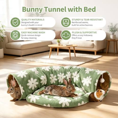 BWOGUE Bunny Tunnel Bed, 2-in-1 Collapsible Rabbit Tunnel Hideout with Mat | Green Floral Rabbit Tunnel for Indoor Bunnies, 46.8 in Length, Removable Mat for Rest, Ball Toy for Play, Rabbits - color: Flower Green
