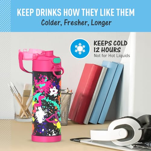 THERMOS FUNTAINER Water Bottle with Spout, 16oz, Graffiti Girl | Kids Stainless Steel Insulated Water Bottle, Keeps Drinks Cold Longer for School & Play, BPA-Free - color: Graffiti Girl, size: 16 Ounces