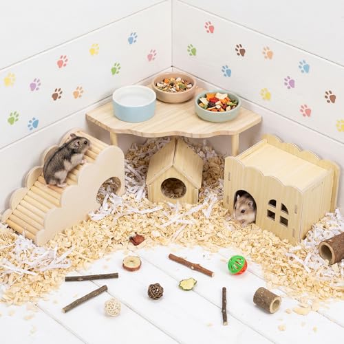 BreezeHug 4 Pcs Hamster Cage Accessories Hamster Platform Hideout Wooden Tunnel Ladder Playhouse Game Climbing Toy with Platform for Pets Dwarf Syrian Mice Degus Gerbils Squirrel(Wave House) - style: Wave House