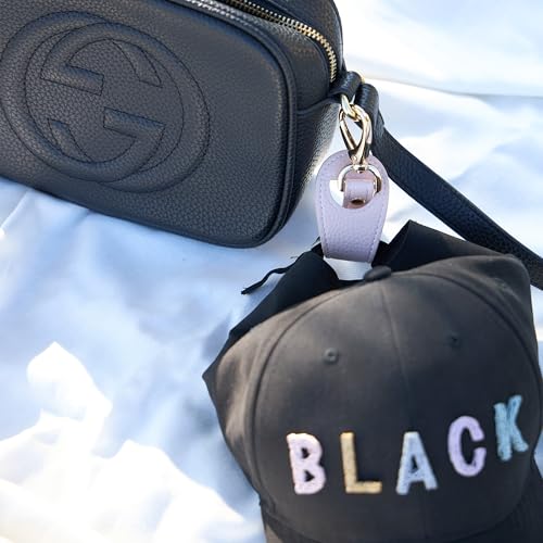 Hat Clip for Travel, Cap Holder Strap for Bags | Faux leather tab, zinc alloy clasp, fits baseball snapback and ponytail caps, mouse ear holder, hands free travel - color: Pink