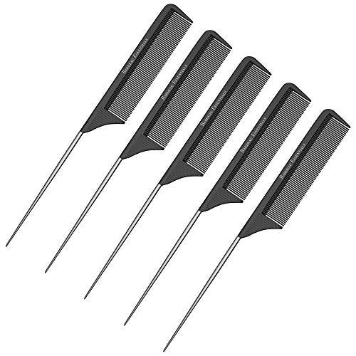 Professional 8.8 Inch Tail Comb (5 Pack) - Black Carbon Fiber and Stainless Steel Pintail - Anti Static and Heat Resistant Teasing Comb - Lightweight for All Hair Types - color: 5 Pack