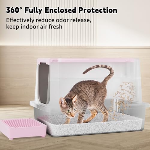 RIZZARI Enclosed Cat Litter Box with Scoop, Large Covered Litter Box | Helps Reduce Litter Tracking,Enclosed Privacy Space,Easy Top-Access Cleaning,Large Interior Capacity,Includes Litter Scoop - color: Pink