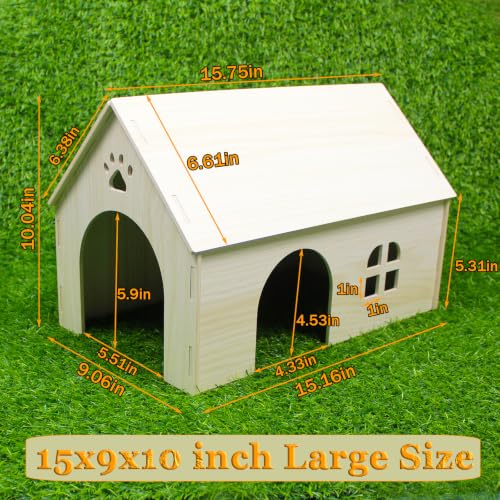 Amonk Guinea Pig Hideout 15x9x10 inch Large Size Wooden House with Window and Roof Wood Hut Habitats Decor for Bunny, Chinchillas, Dwarf Rabbits, Hamsters, and Other Small Pet Animals