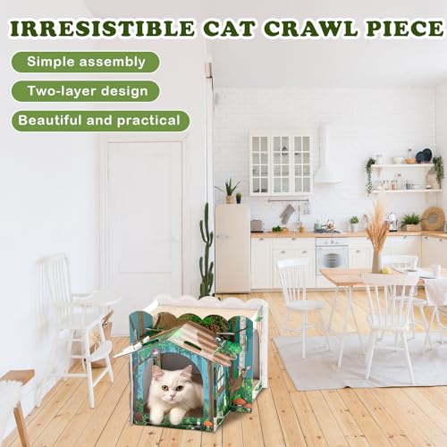 Lineshading 2 Story Cardboard Cat House with Scratcher Pad, Multi Level Durable Cat Scratcher House for Small Kitten Bunny Rabbit Animals Christmas Birthday Gift(17x12x10,Forest) - style: Forest