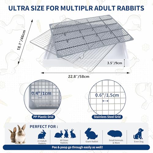 FHTONGE Extra Large Rabbit Litter Box Training Tray with Large Steel Grids | Low Entry Bunny Litter Pan, Rectangular Pet Toilet for Small Animal Rodent Guinea Pig Ferret Squirrel Opossum Sugar Glider - color: 0.6" Stee Grids + 0.4" PP Grids, size: 22x18x3