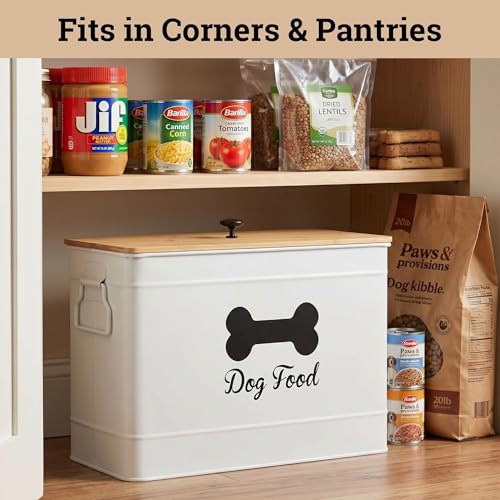 Metal Dog Food Container 15-20 lbs w/ Airtight Bamboo Lid, 70 Cup Capacity | Pet Jar For Dogs up to 100lbs, Airtight Bamboo Lid, Sturdy Comfortable Metal Handle, Powder Coated Iron, Kibble Storage Bin - color: White
