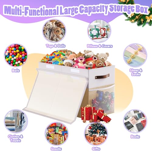 Large Toy Storage Box with Lid & Dividers, Kids Toy Chest, Beige and White | Toy Box for Boys, Girls, Nursery, Bedroom, Living Room, Playroom, 25 x 13 x 16 inches - color: Large Beige and White